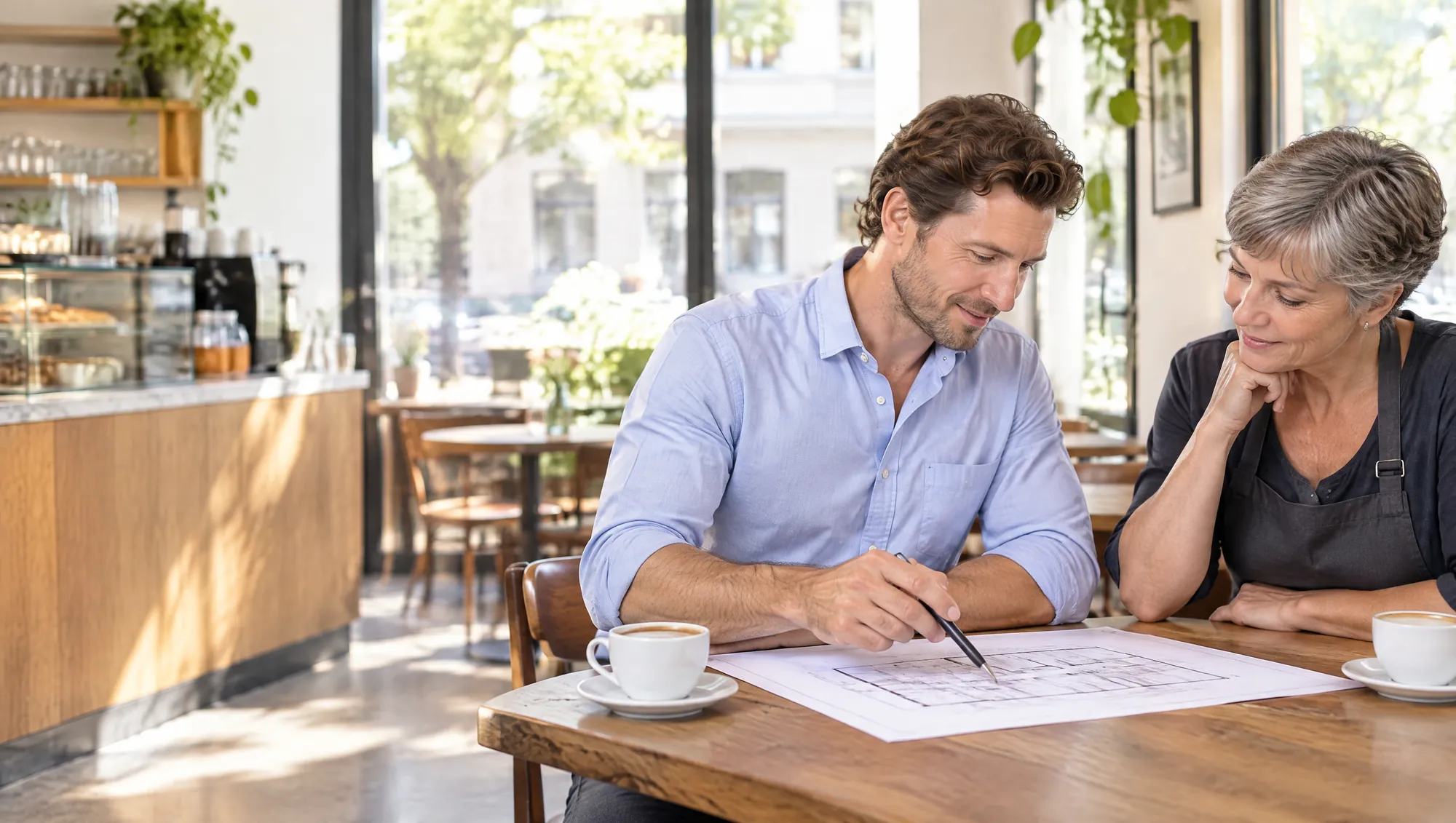 Un Arquitecto de Estudio TREO le explica el plano a la dueña de un café, sentados a una mesa del local